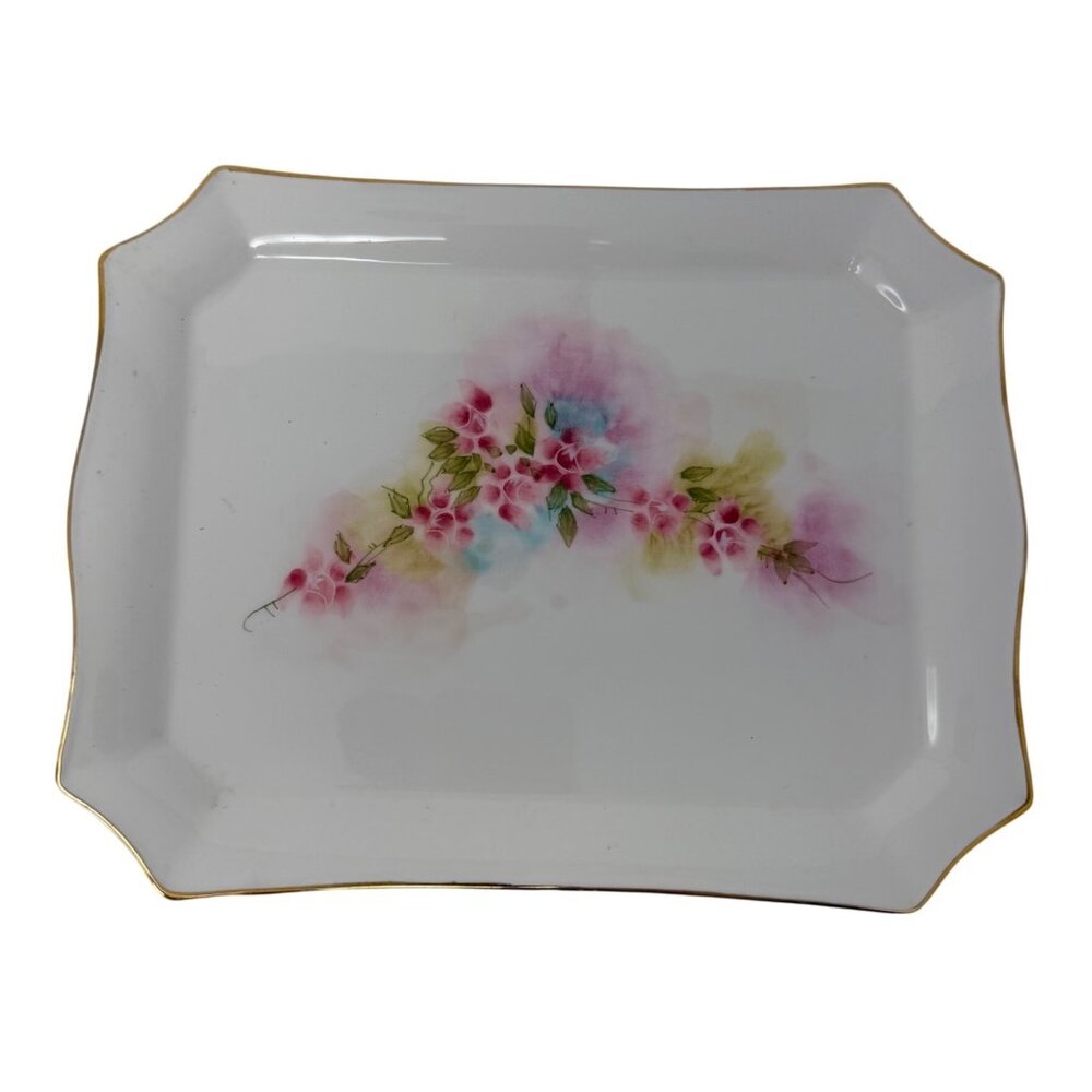 Vintage Stiffel Floral Porcelain Vanity Tray Gold Rim‎ Decor